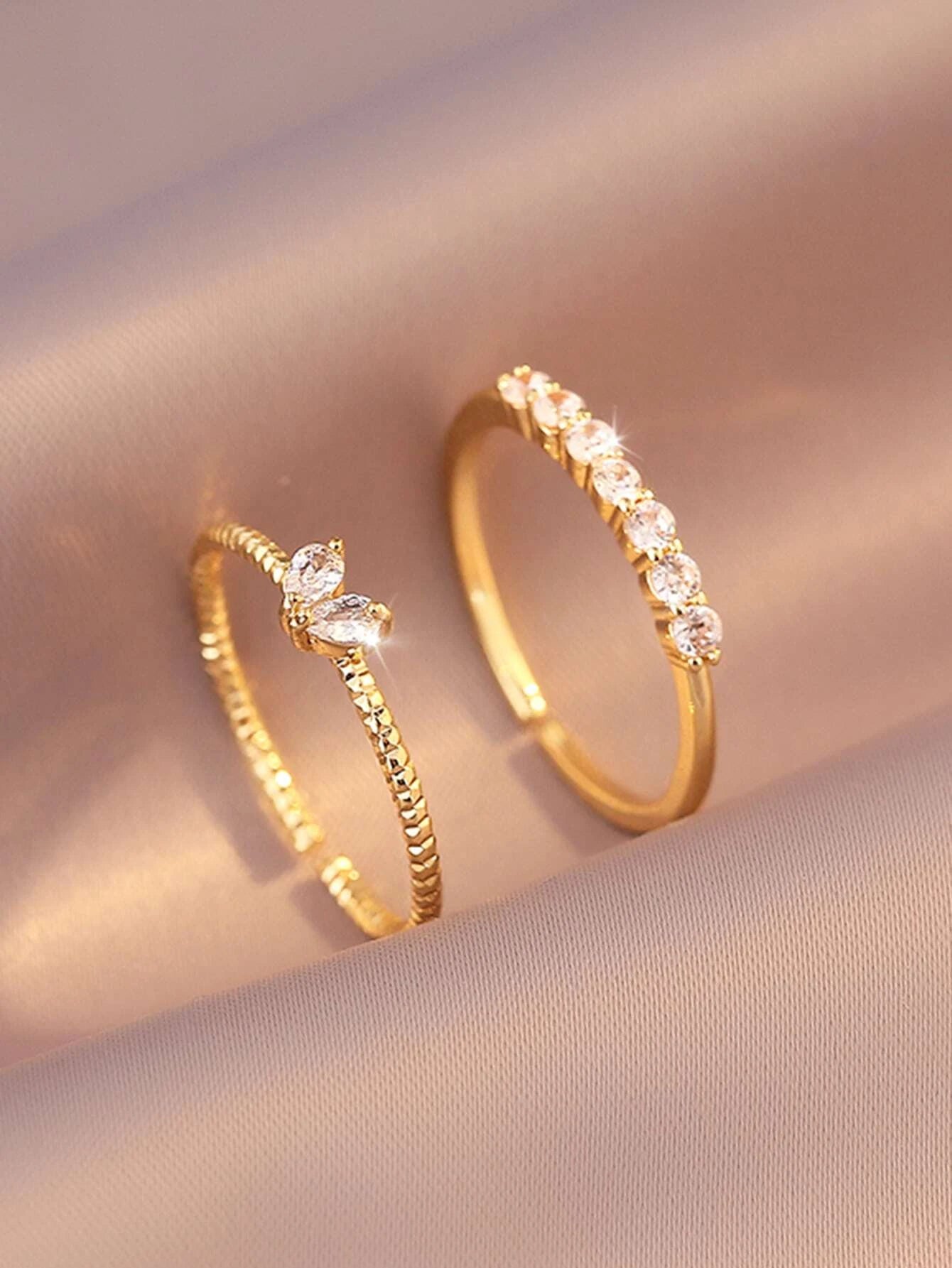 Set Anillos dorados con circonio en acero inoxidable ajustable