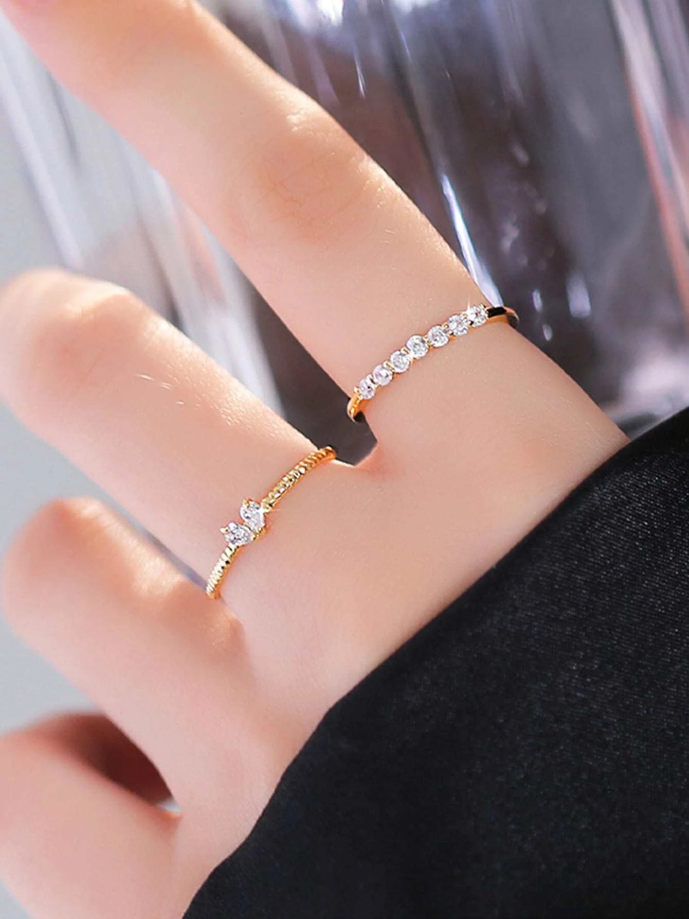 Set Anillos dorados con circonio en acero inoxidable ajustable