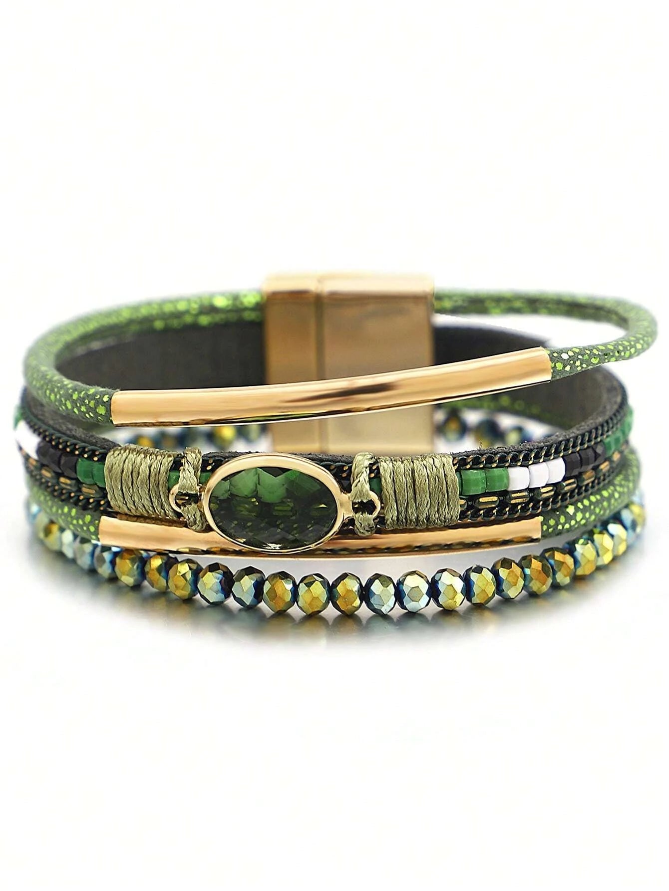 Brazalete a capas verde con piedra hematita y jade