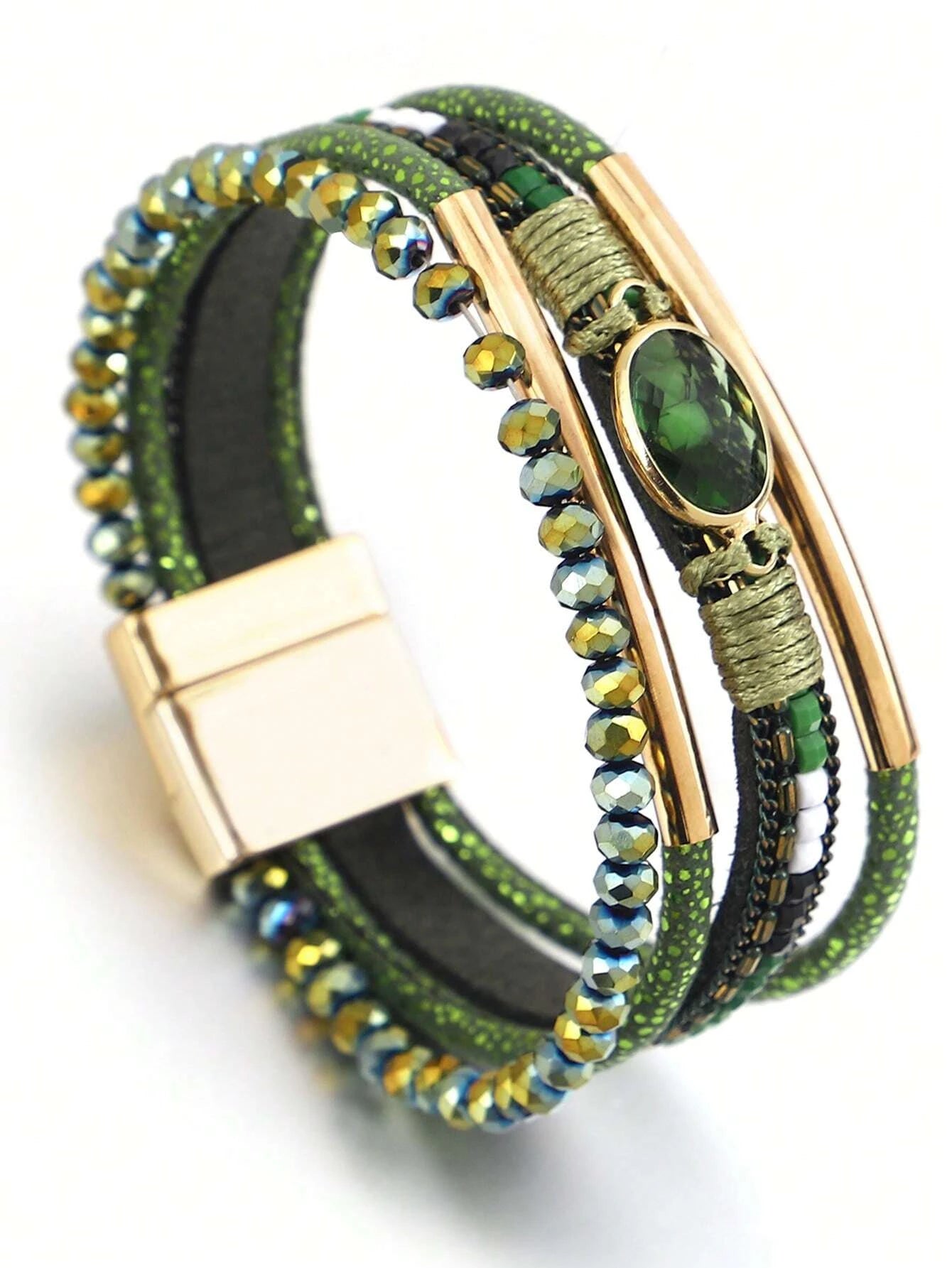 Brazalete a capas verde con piedra hematita y jade