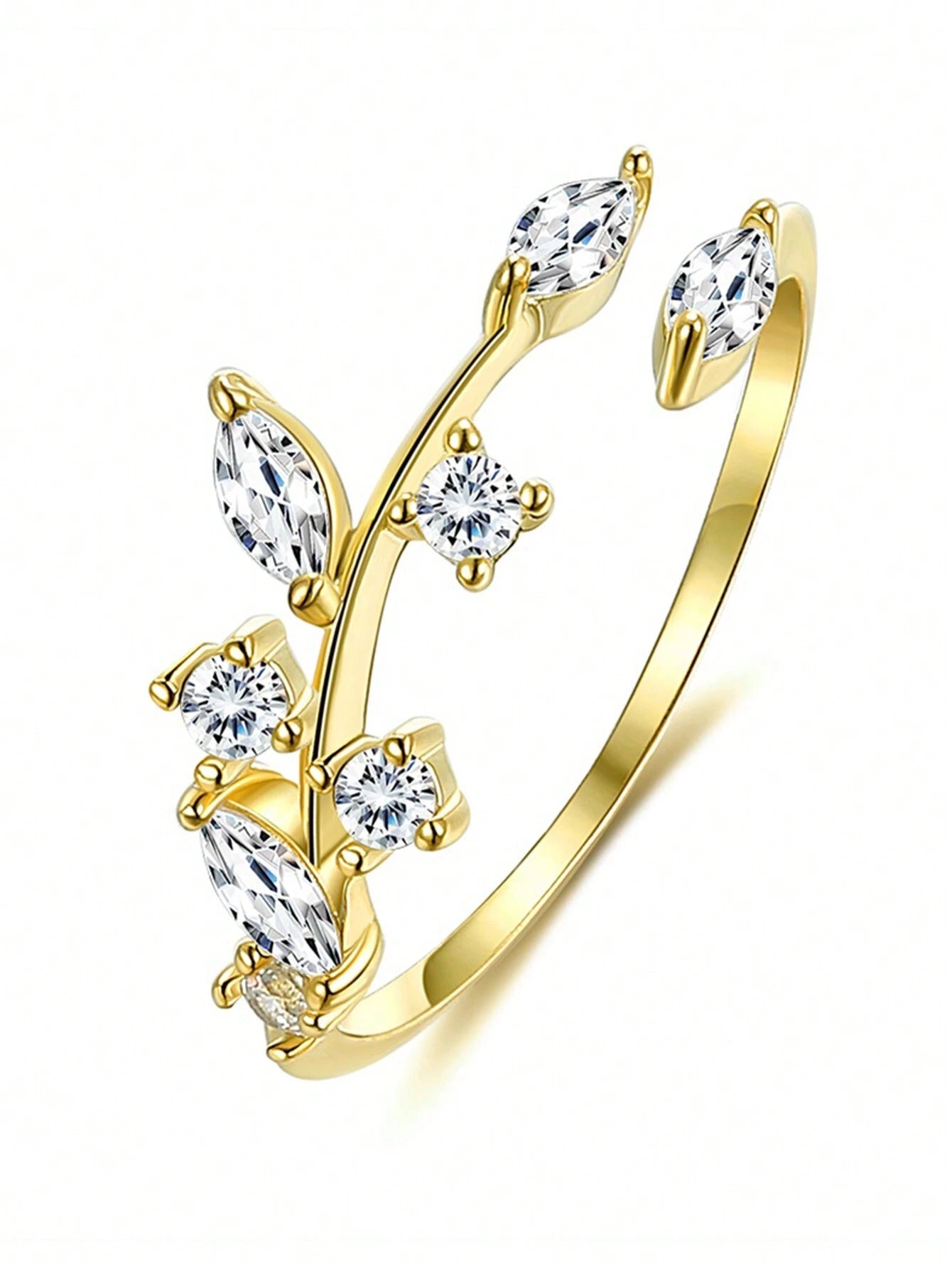 Anillo en plata 925 dorado con hojas y piedras
