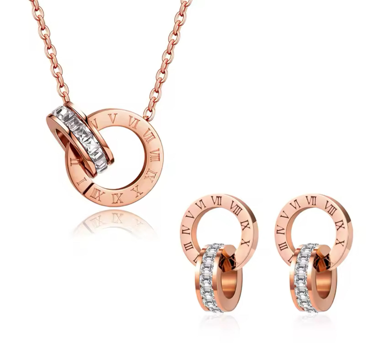 Set collar y aretes Romano con baño de oro rosa 18k