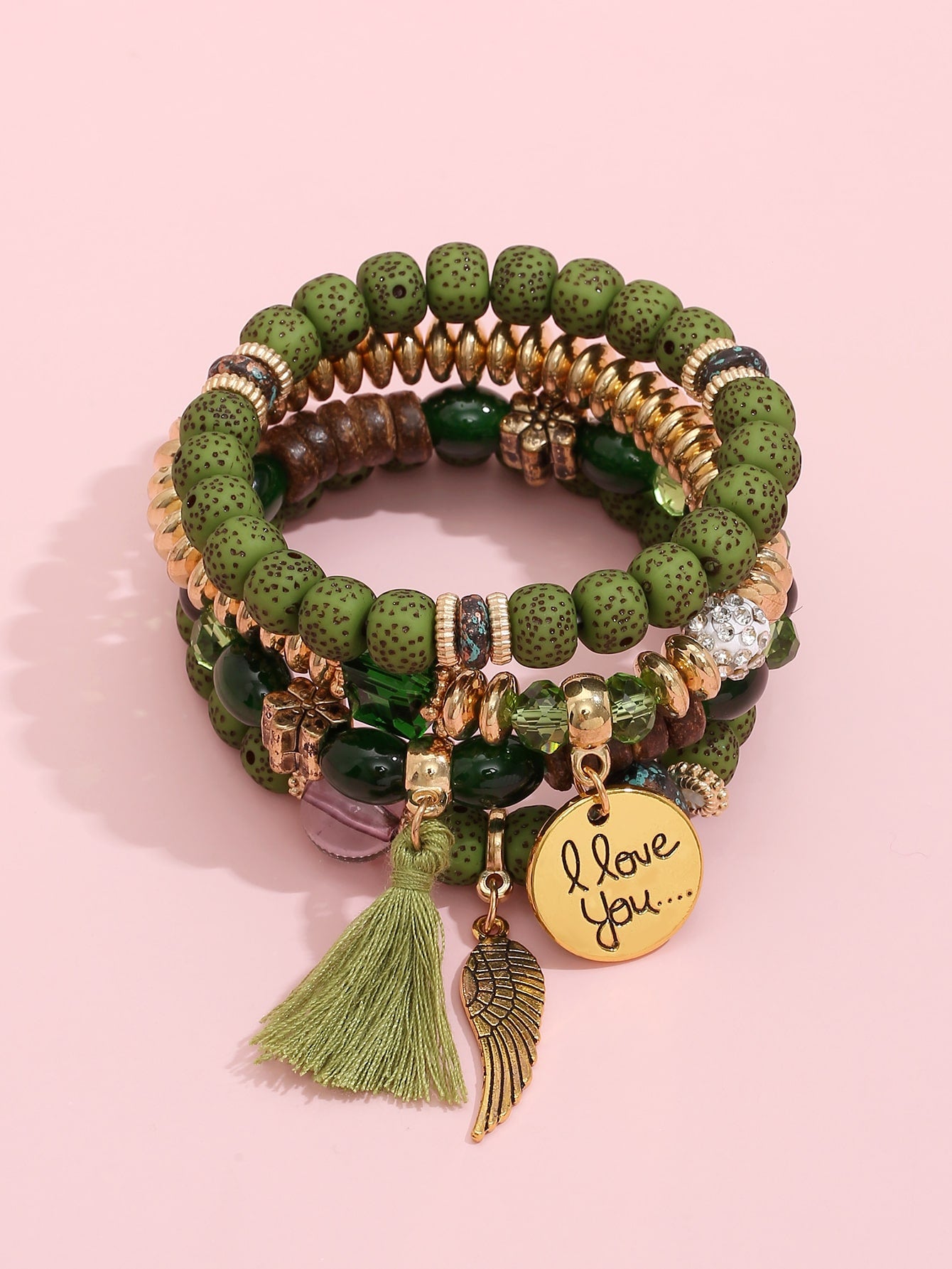 Set de pulseras Green Day con abalorios y borlas verdes