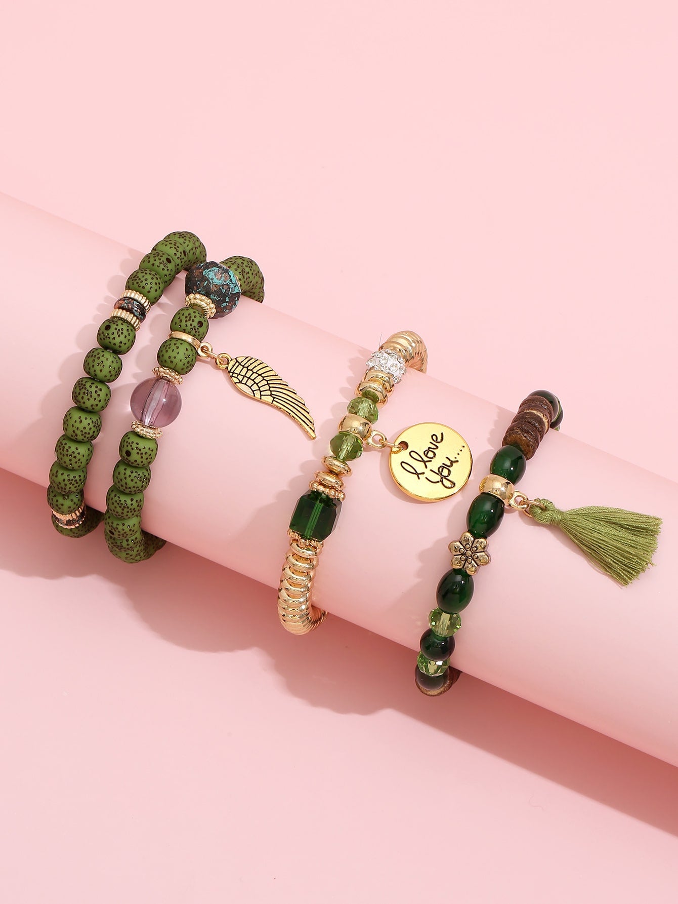 Set de pulseras Green Day con abalorios y borlas verdes