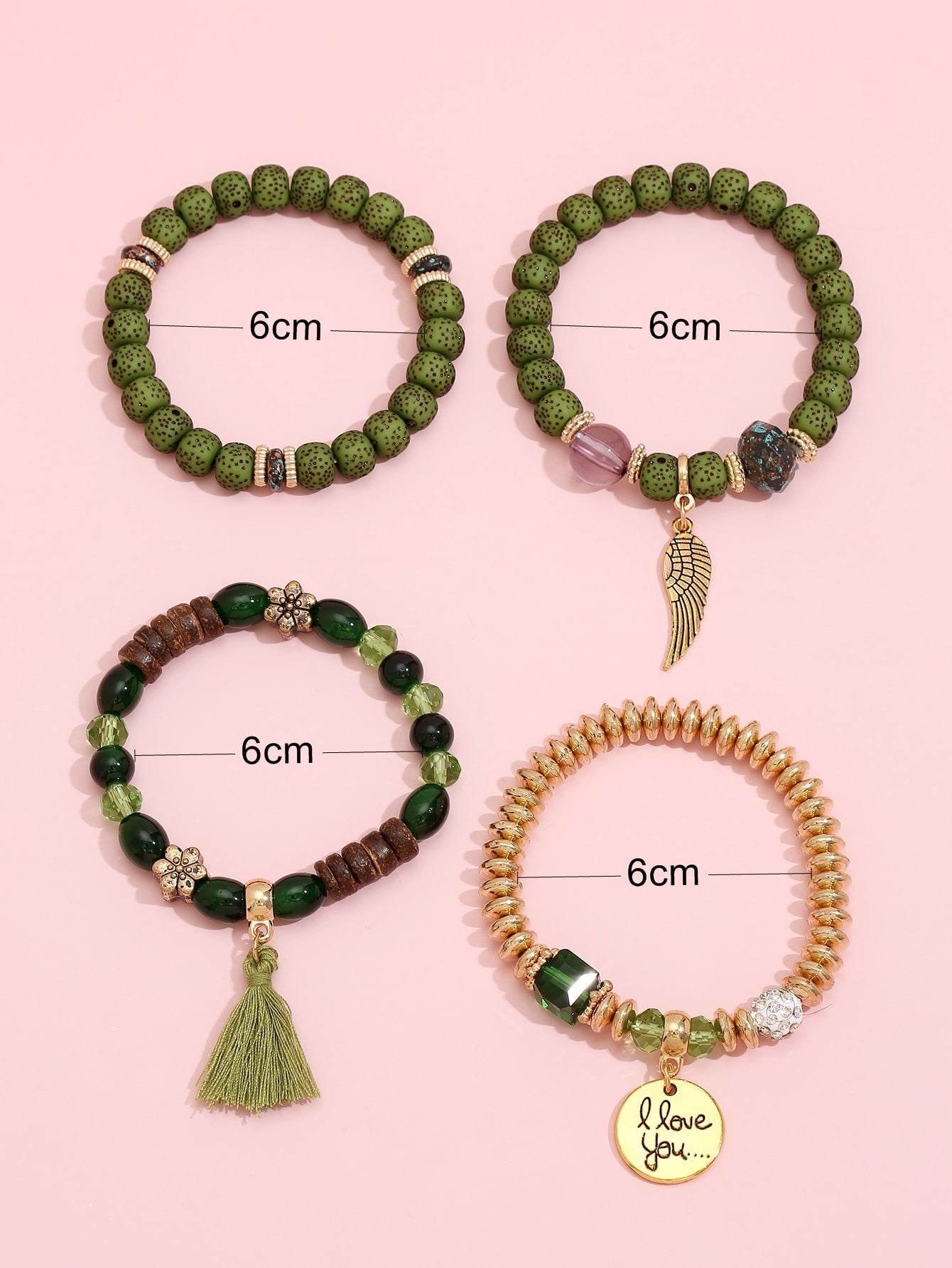 Set de pulseras Green Day con abalorios y borlas verdes
