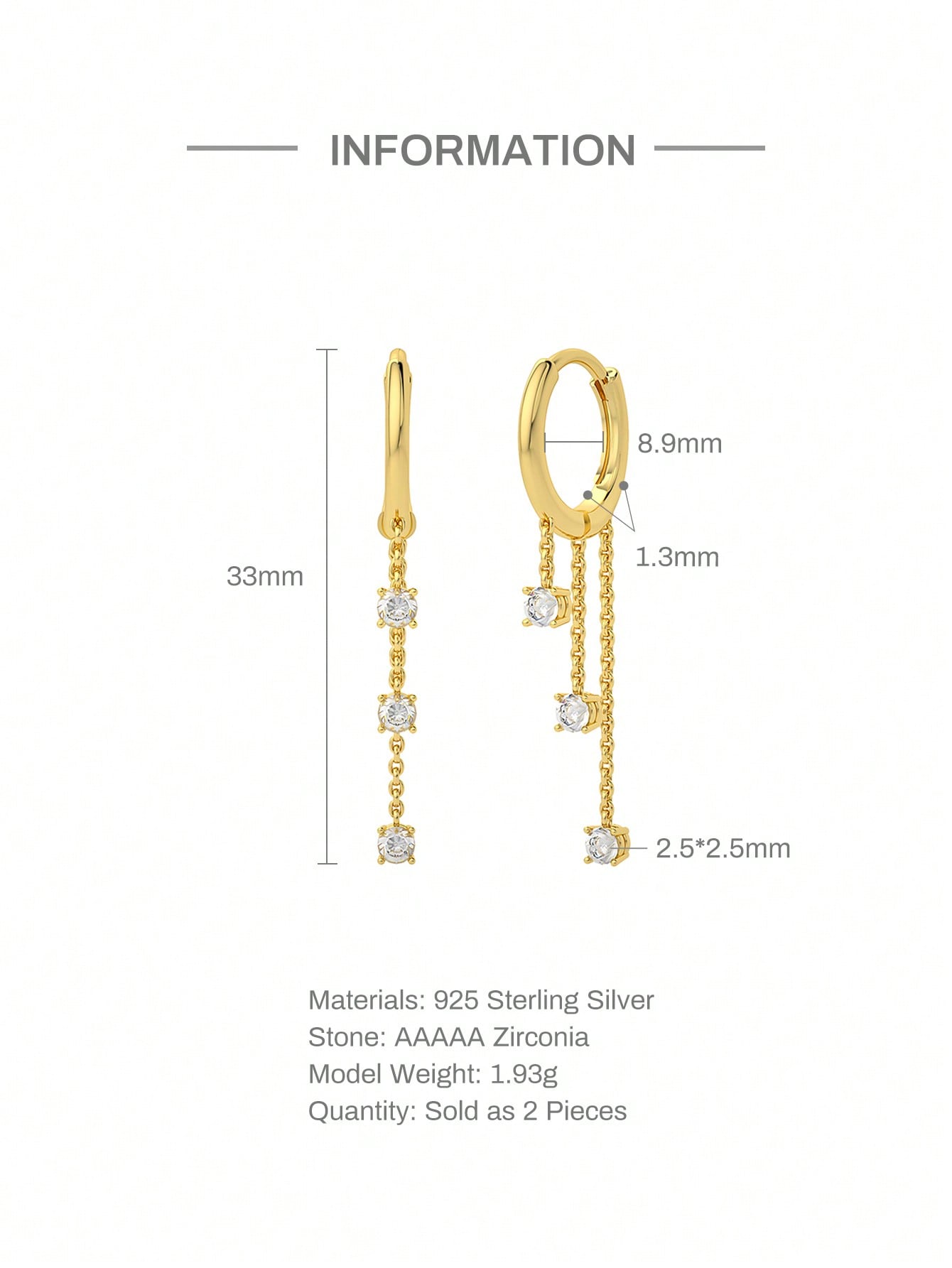 Pendientes largos en Plata 925 con baño de Oro de 14kl