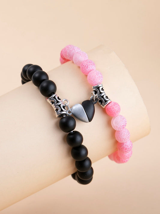 Pulsera con cuenta para parejas magnético con adorno de corazón 2 piezas