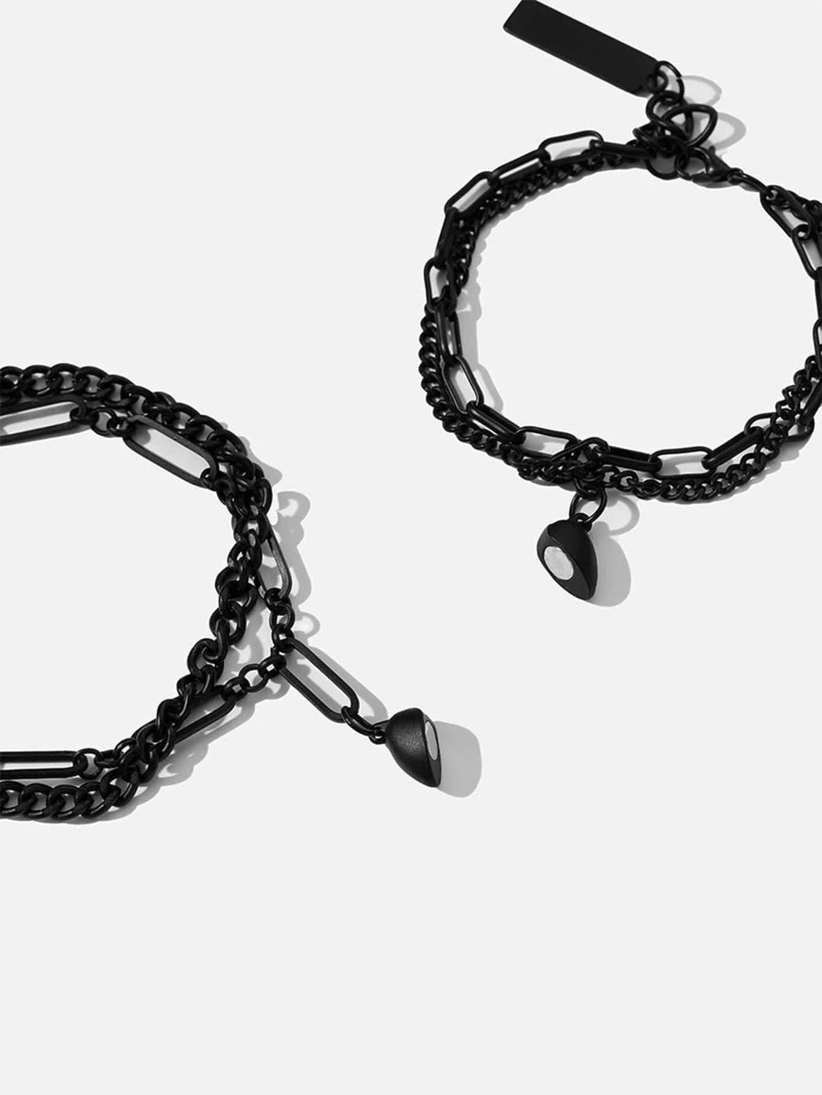 Pulsera para parejas magnético con accesorio de corazón 2 piezas negro