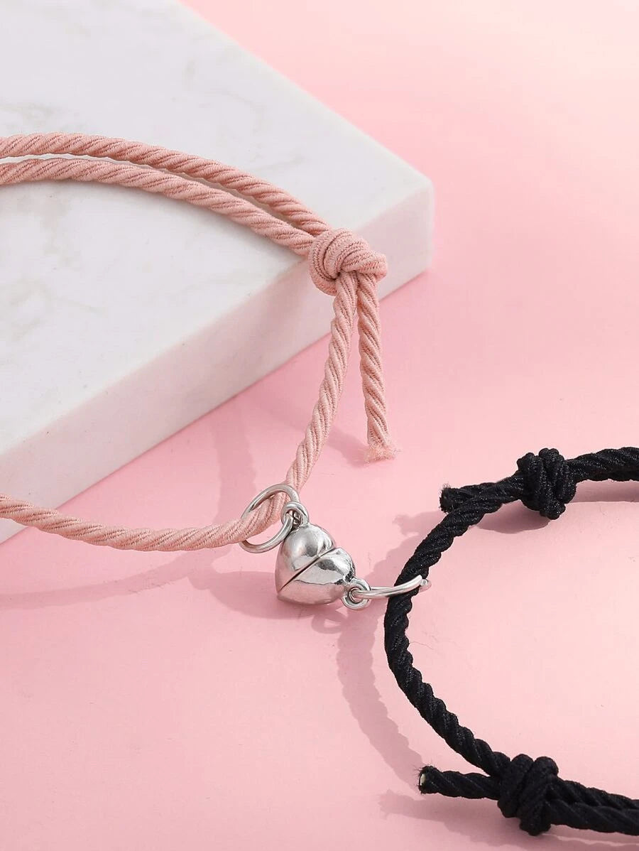 Pulsera para parejas magnético con accesorio de corazón rosado y negro 2 piezas