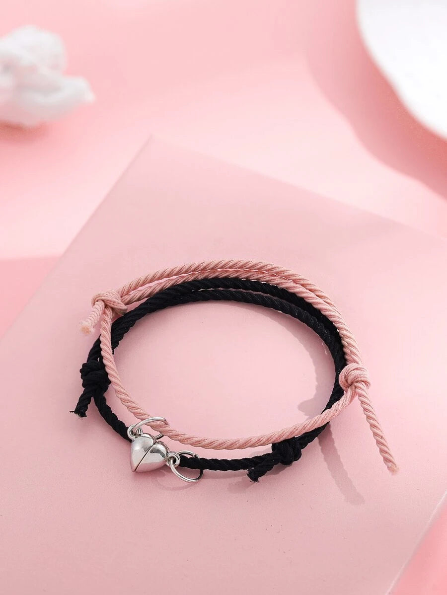 Pulsera para parejas magnético con accesorio de corazón rosado y negro 2 piezas