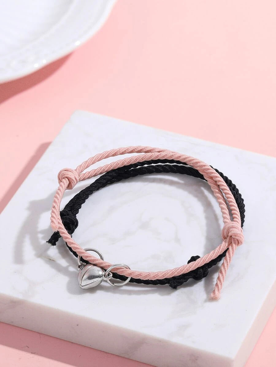 Pulsera para parejas magnético con accesorio de corazón rosado y negro 2 piezas